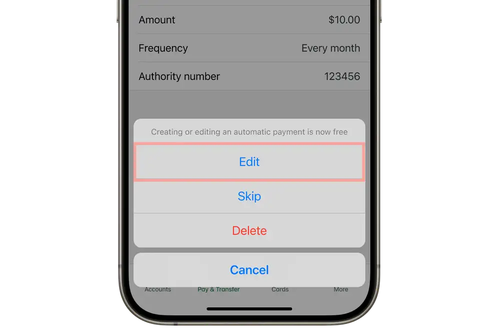 Edit payment button