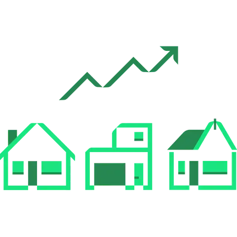 Illustration showing three houses with an arrow