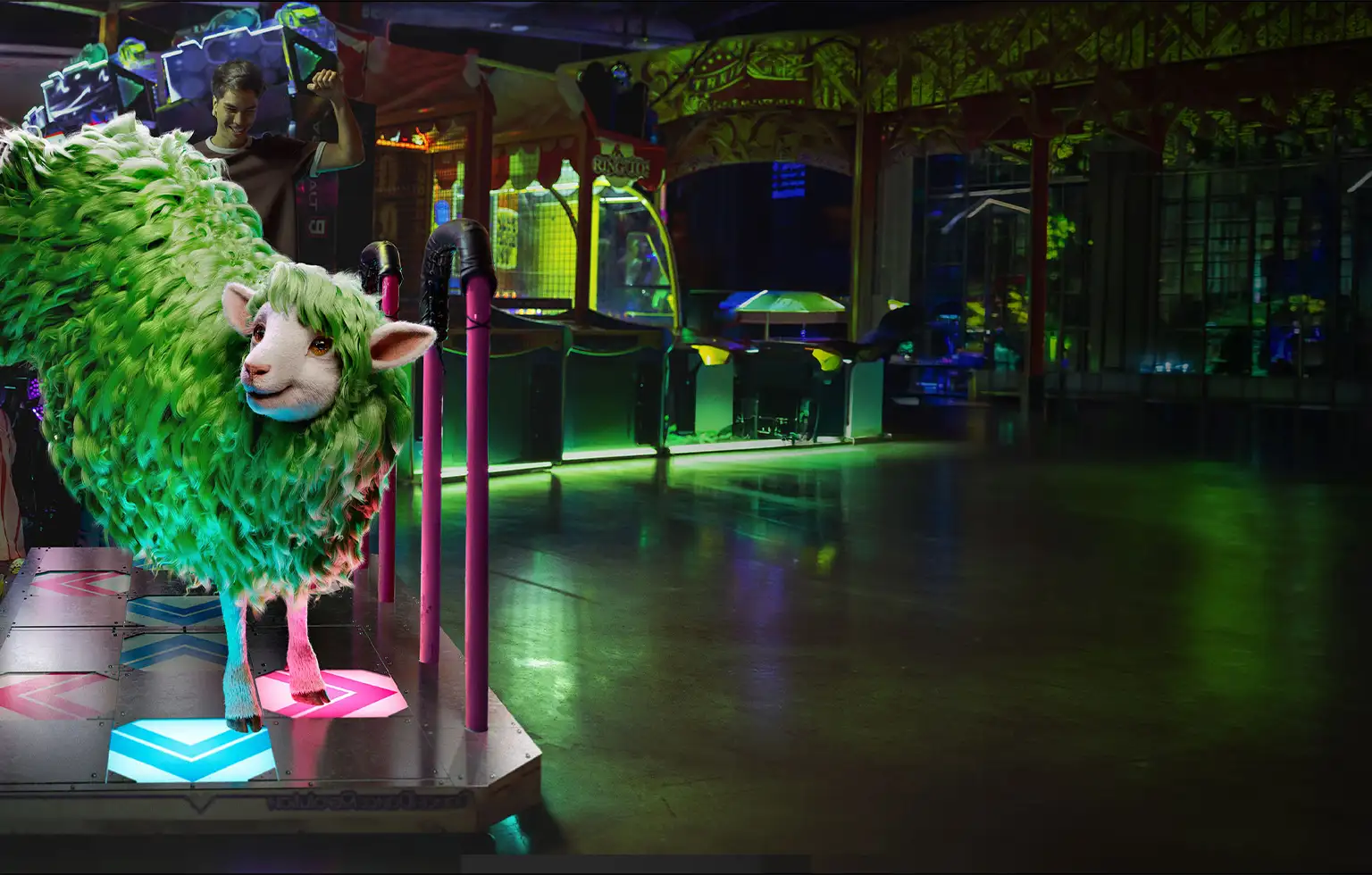 Green sheep standing on dance platform in neon-lit arcade