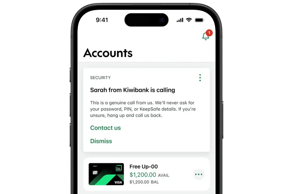 App notification confirming a genuine call from Kiwibank, with security advice.