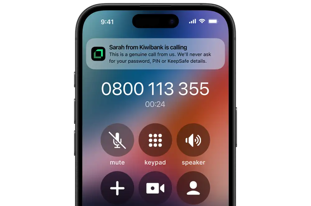 Mobile phone screen showing a call from Kiwibank with a notification confirming the call is genuine.