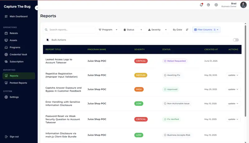 Capture the Bug Dashboard