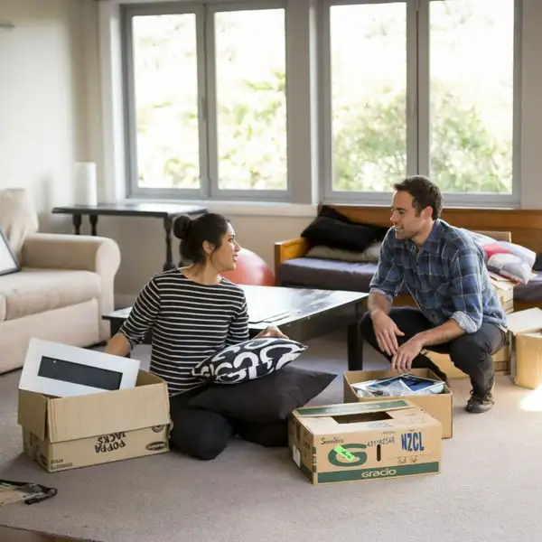 Couple in house with boxes