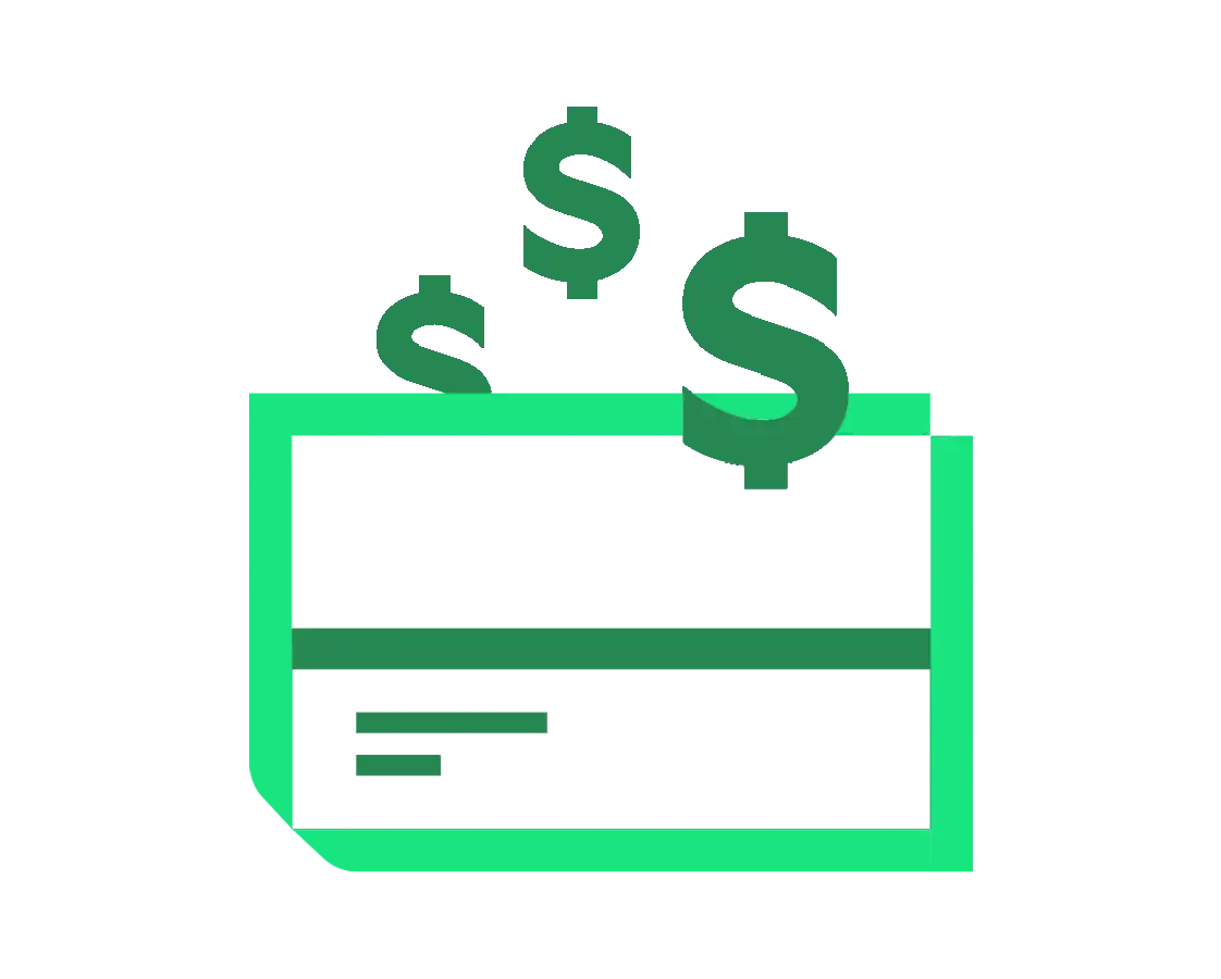 Green credit card with dark green dollar signs icon