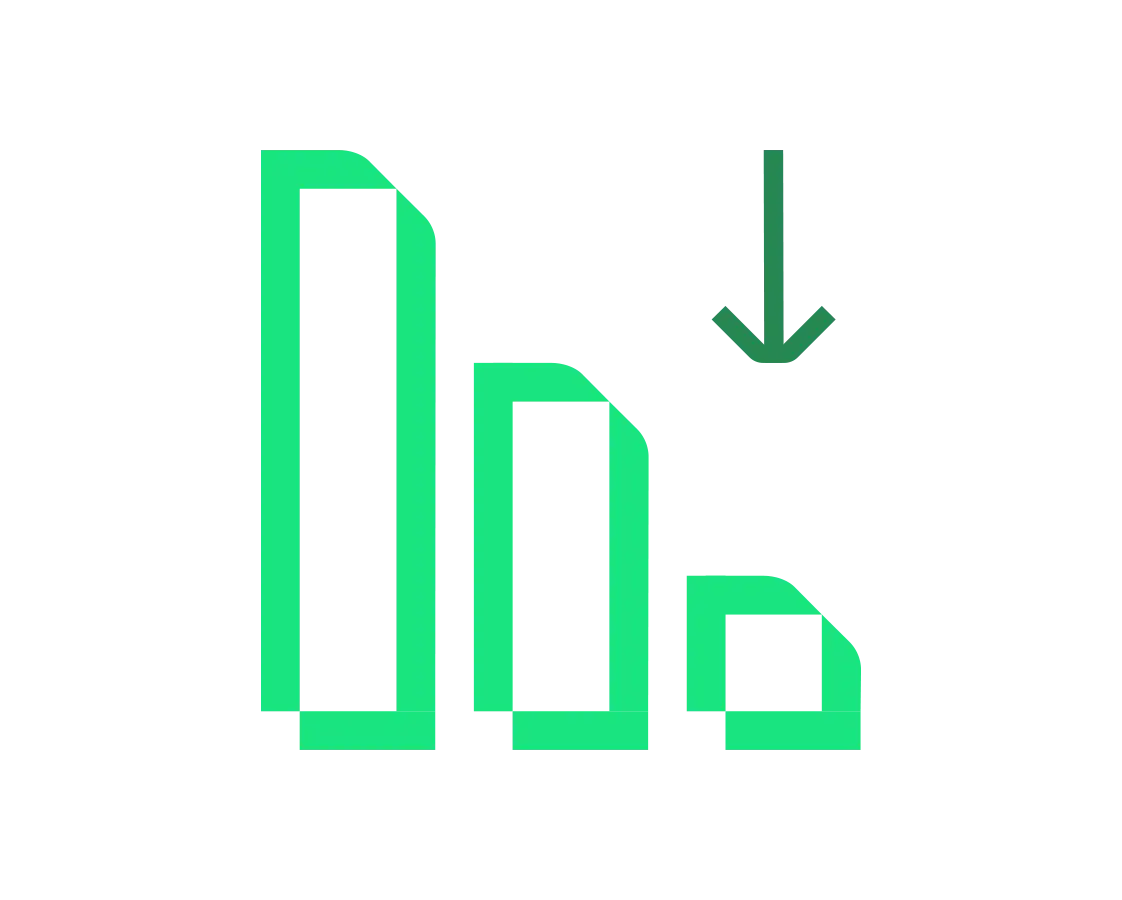 Bar chart showing downward trend icon green
