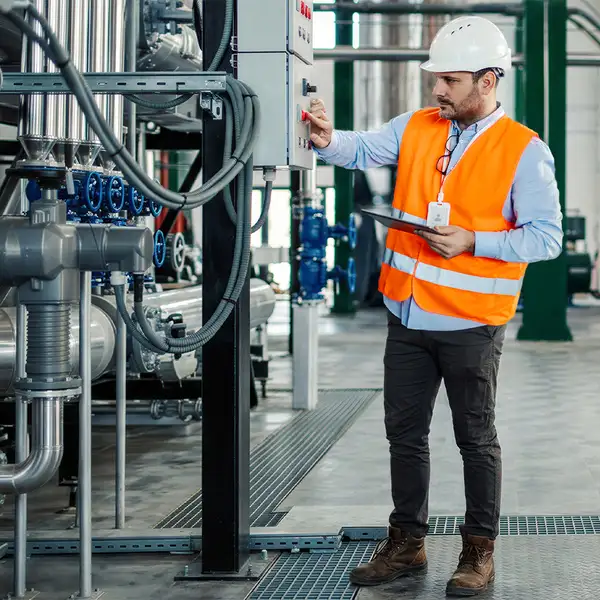 Engineer operating control panel in industrial factory