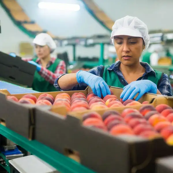 A woman sorts boxes of fruit in a fruit packing factory