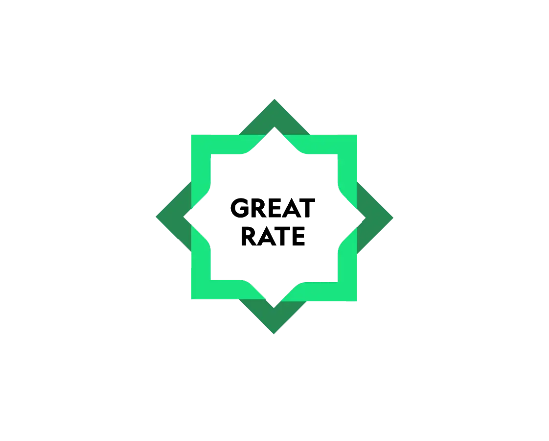 "Great rate" written inside a green starburst icon