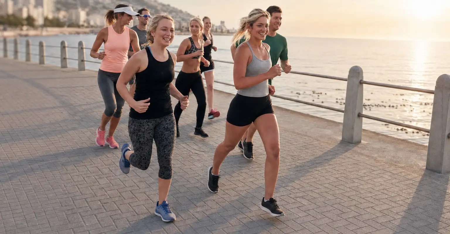Group jogging along waterfront path at sunset