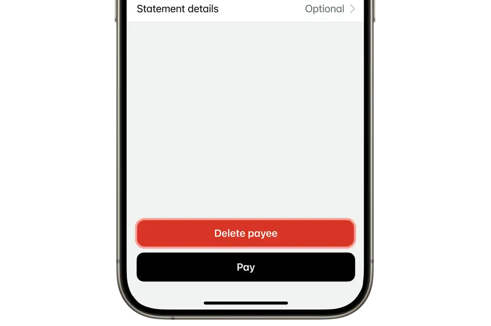 KB App delete payee button