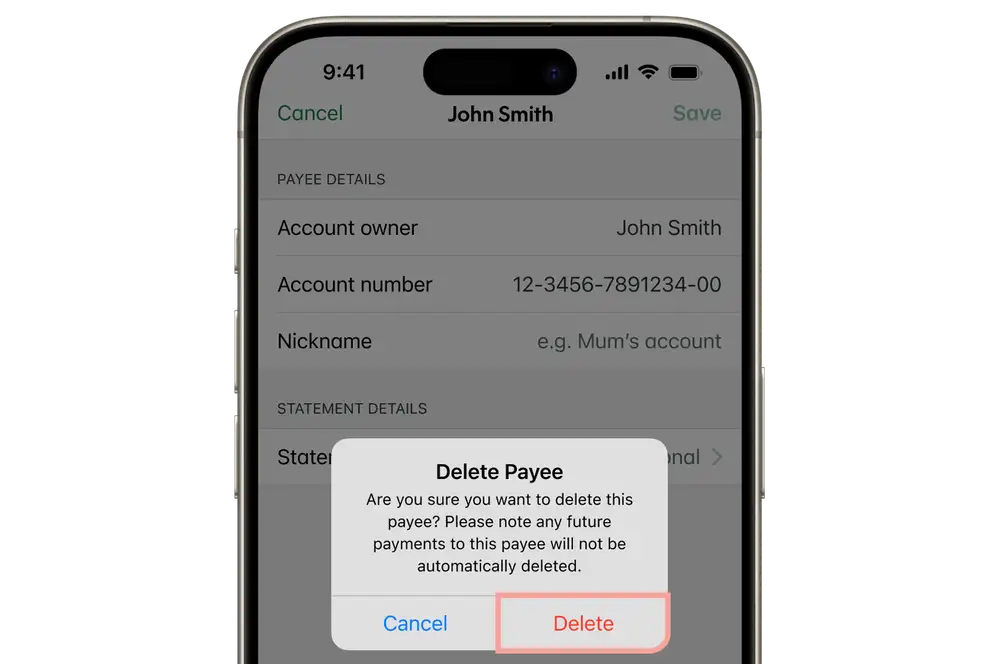 KB App delete payee popup