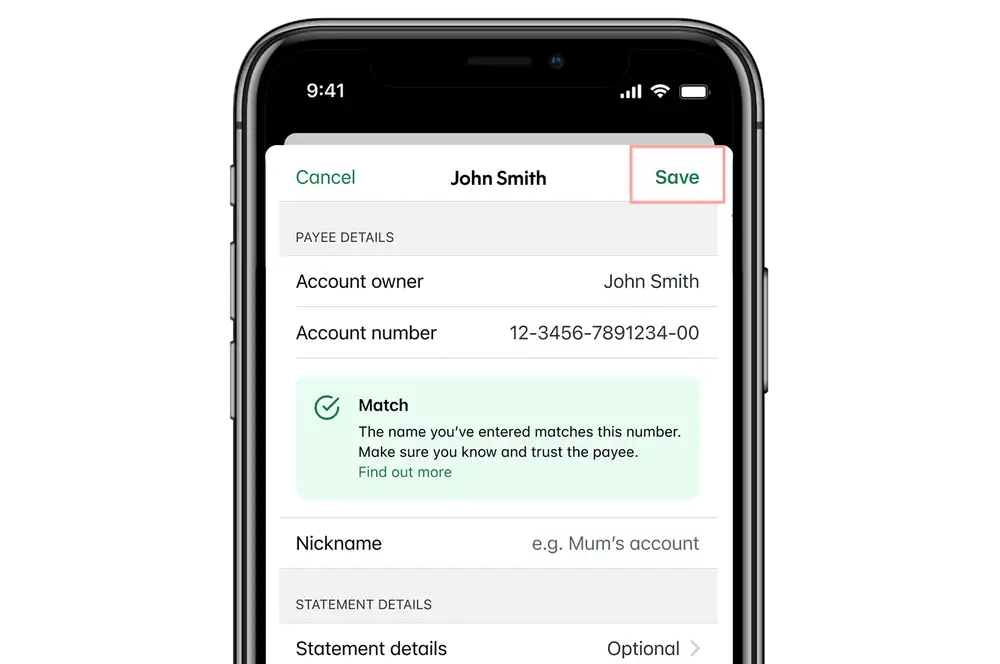 KB App edit existing payee save