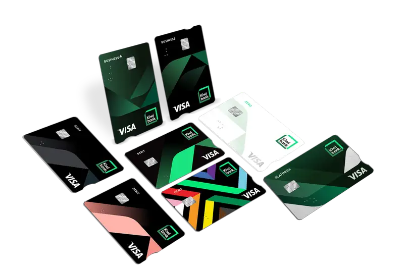 Card fronts of eight Kiwibank Visa cards