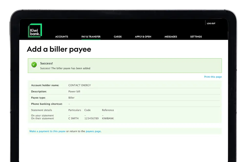 KB IB added biller payee confirmation