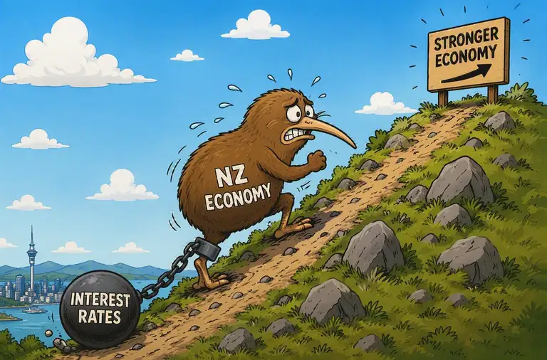 Kiwi climbing a hill with ball and chain