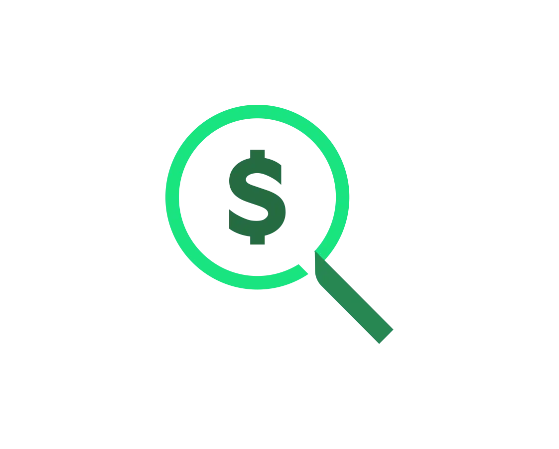 Magnifying glass with a dollar sign inside icon green