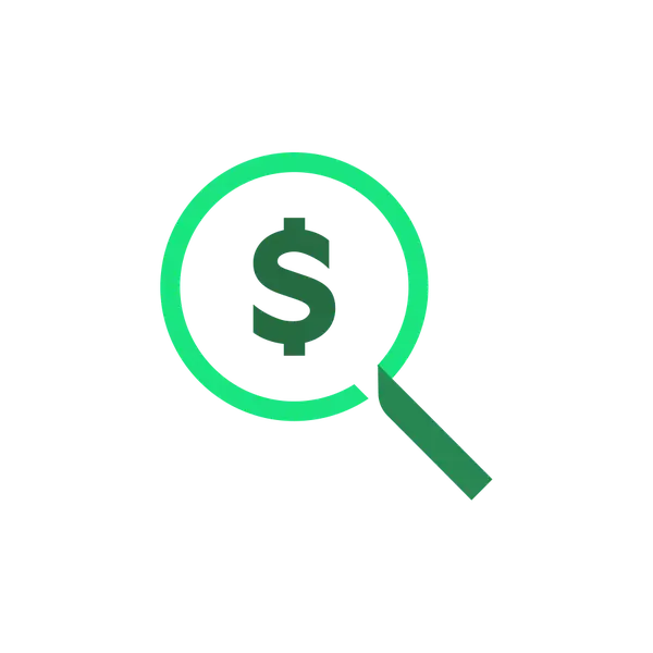Magnifying glass with a dollar sign inside icon green