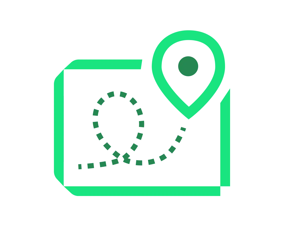 Map showing route location pin icon green