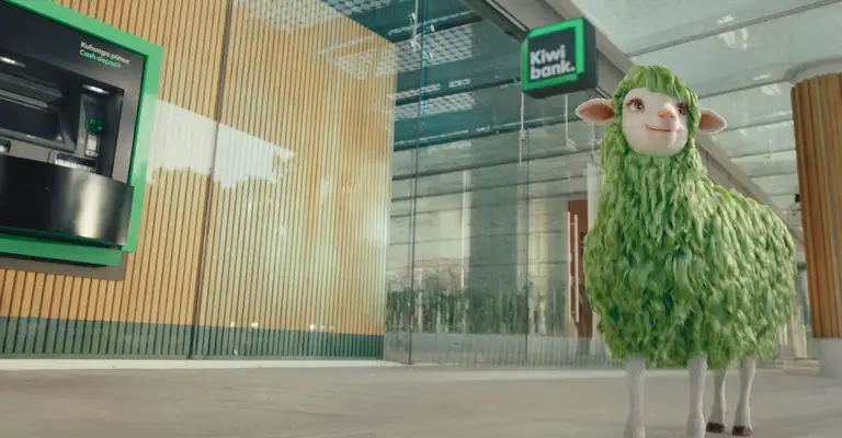 'Buck' the green sheep stands outside a Kiwibank branch on a sunny day