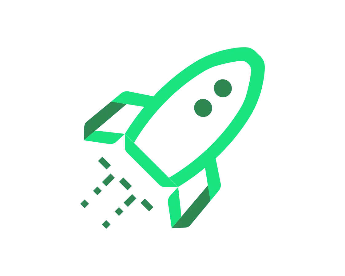 Rocket launching diagonally upward icon green