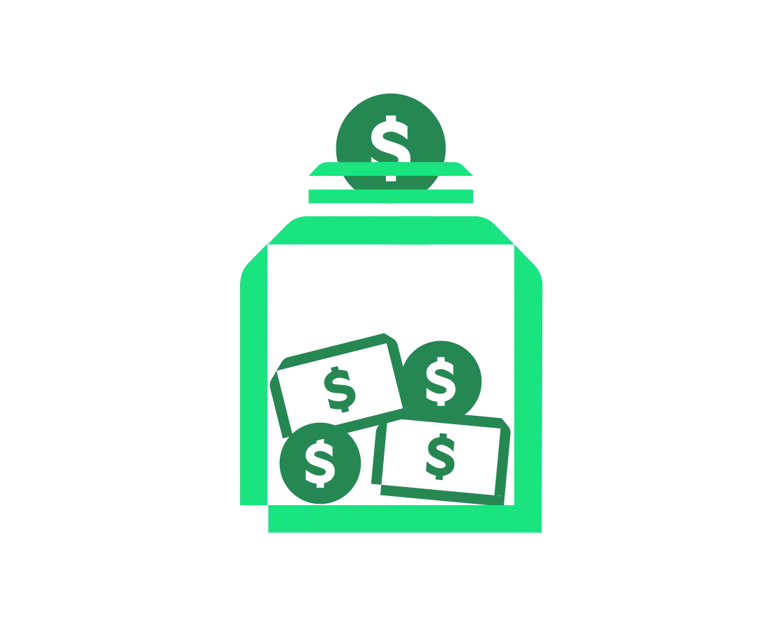 Savings jar holding coins and notes icon green