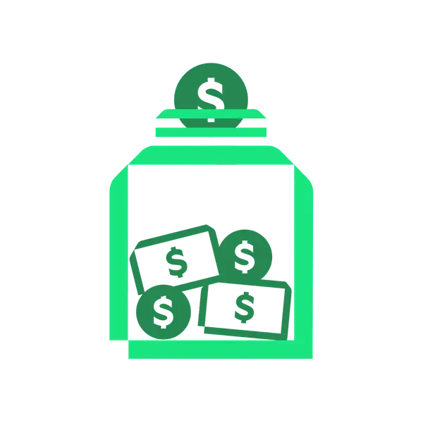 Savings jar holding coins and notes icon green