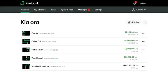 internet banking list view of accounts