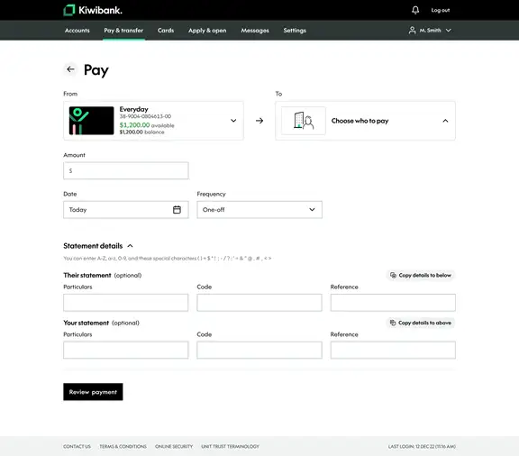 Internet banking payments screen with form fields for selecting the ‘From account’, entering the payee’s details, payment amount, particulars information, and choosing the payment date.
