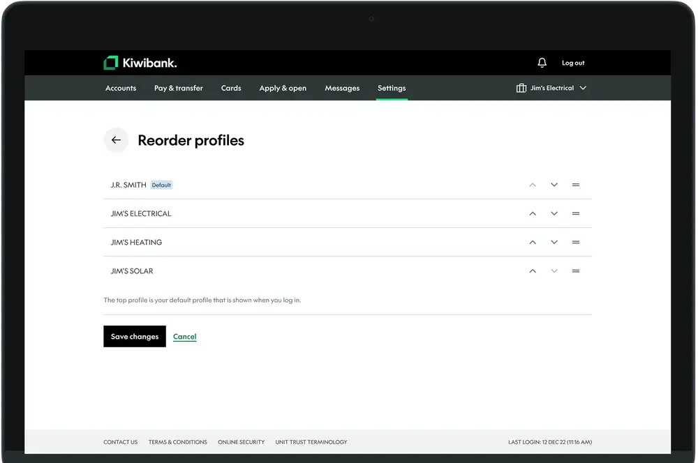 reorder profiles in internet banking